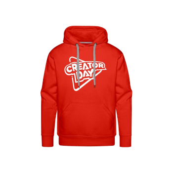 Red hoodie with Creator Day logo on front