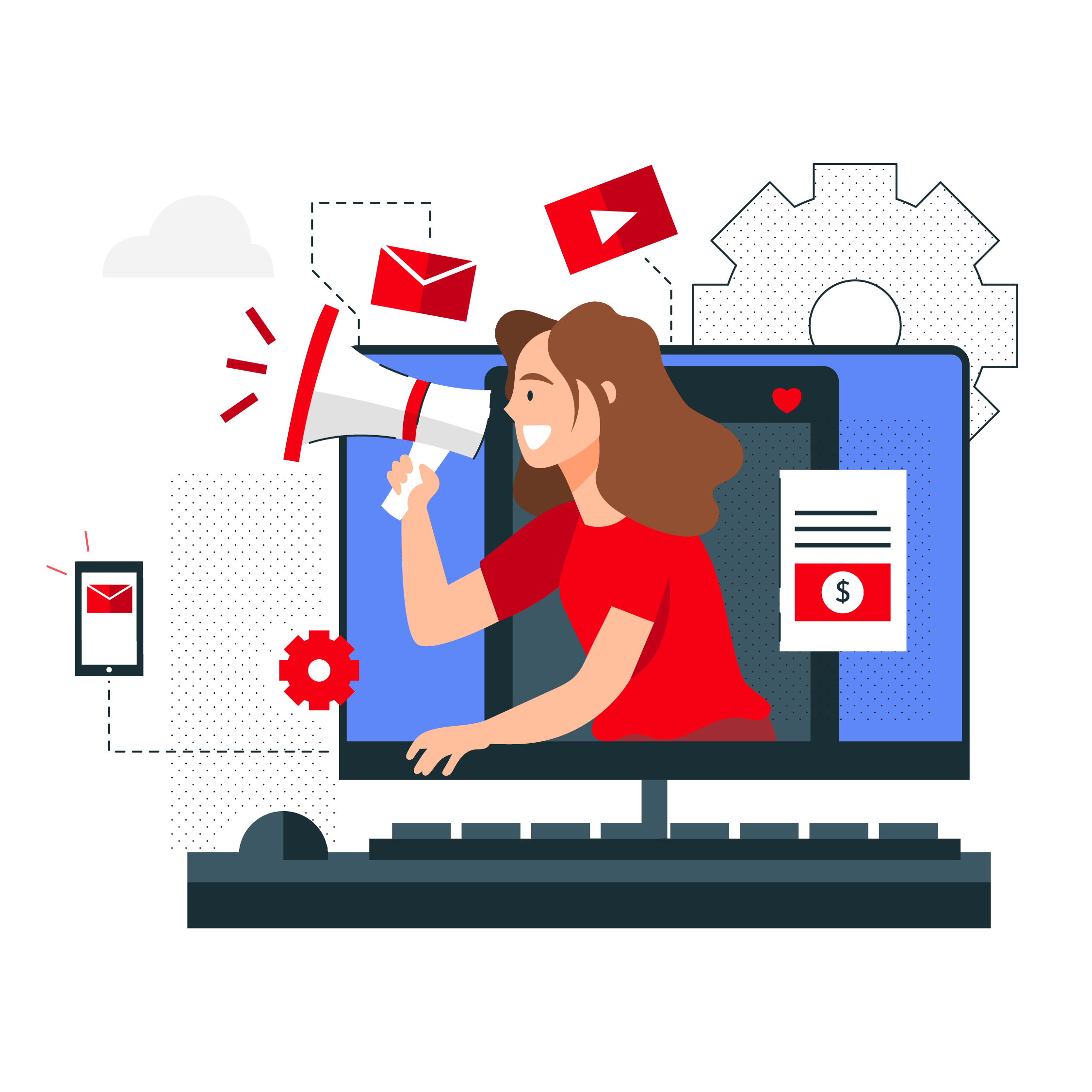 Illustration of girl holding megaphone surrounded by icons of phones, mail, and computers.