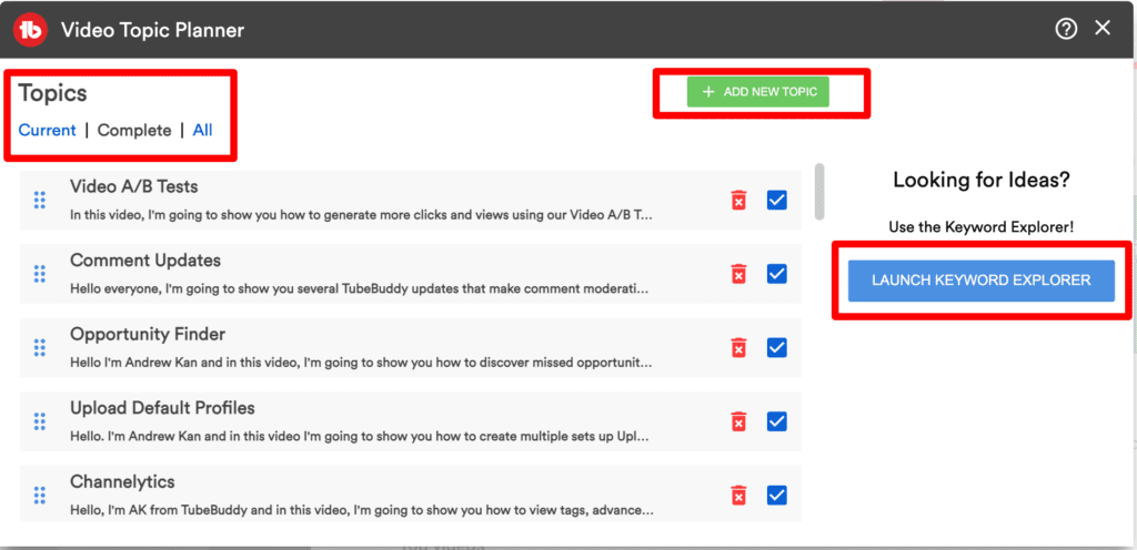 YouTube content calendar: The TubeBuddy Video Topic Planner interface showing saved video topic ideas