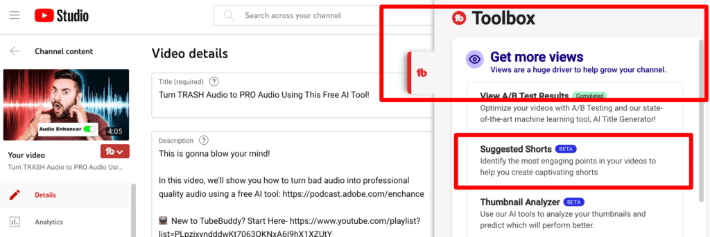 YouTube Shorts ideas: A screenshot of the TubeBuddy Toolbox with the Suggested Shorts feature selected.