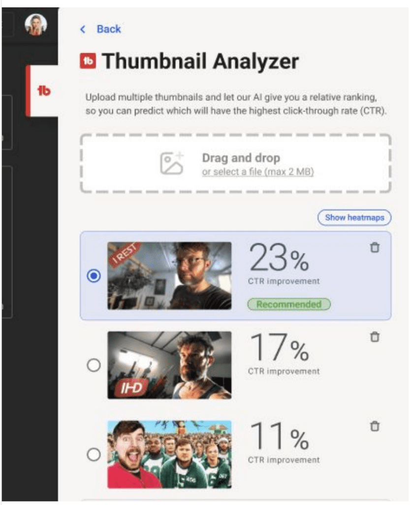 AI generated YouTube thumbnail: Testing thumbnail performance in TubeBuddy Thumbnail Analyzer. Three thumbnails show a percentage CTR improvement relative to the original thumbnail. 
