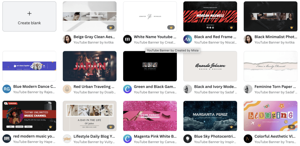 Examples of YouTube banner templates from canva.