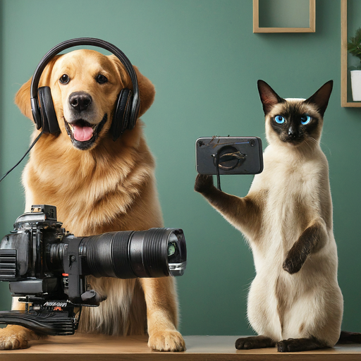 A dog and a cat acting as YouTubers. They're looking at the camera. The dog is wearing headphones, the cat is "holding" a smartphone. This image is AI-generated. Animals and pets is the number 7 YouTube Shorts niche by views.