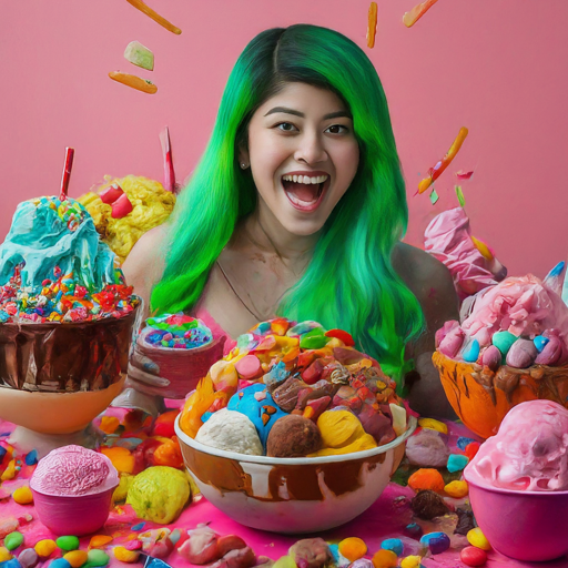 A clearly AI-generated image of a person with green hair surrounded by colorful foods. Food and drink content is the second most popular YouTube Shorts niche.