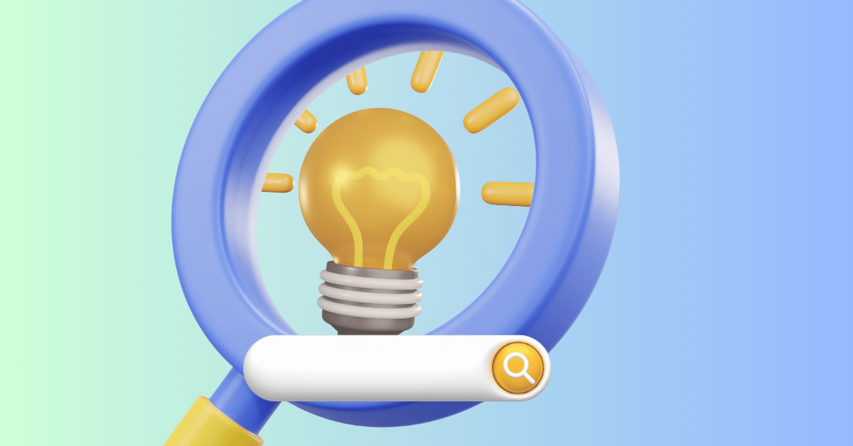A graphic showing a search bar over a magnifying glass with a lightbulb in the lens. Intended to convey the idea of YouTube keyword research and finding low competition YouTube keywords