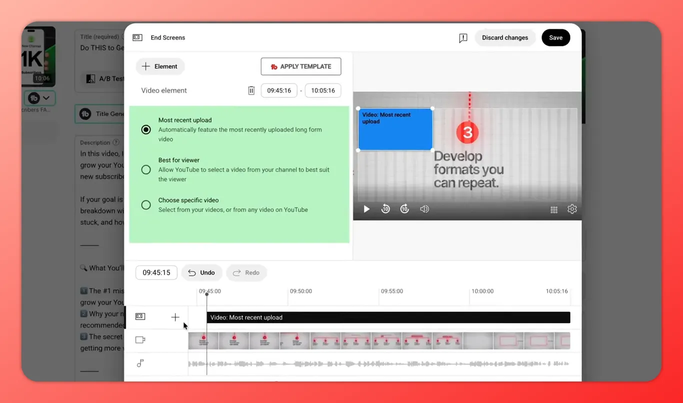YouTube end screens editor with a blue end-screen element placed on the video preview and the timing timeline visible underneath.