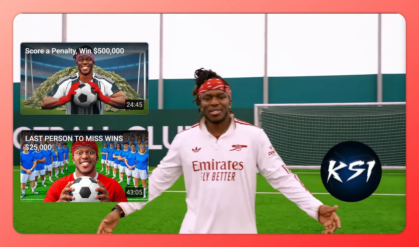 YouTube end screen overlaid on a creator: two suggested video thumbnails on the left and a circular channel badge on the right.