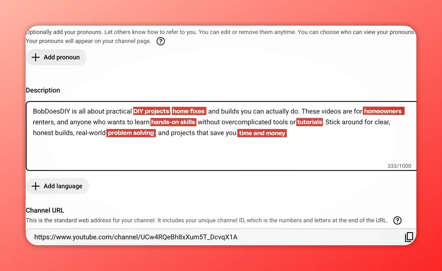 How to launch a YouTube channel: Close, high-contrast screenshot of YouTube Studio's channel description box with multiple keywords highlighted in red and the channel URL below.