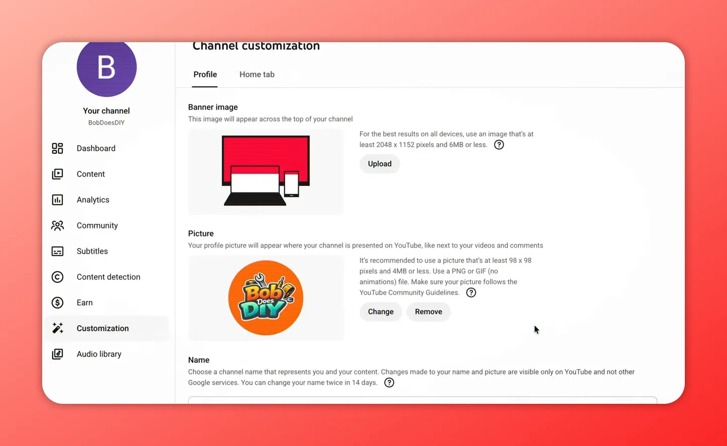 How to launch a YouTube channel: YouTube Studio channel customization page showing banner image and profile picture areas
