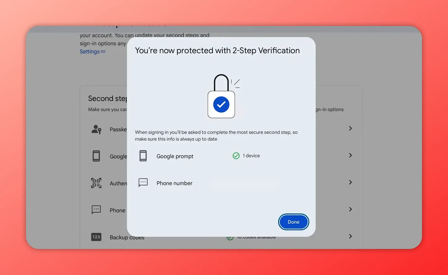 Google 'You're now protected with 2‑Step Verification' confirmation dialog showing Google prompt and phone number options