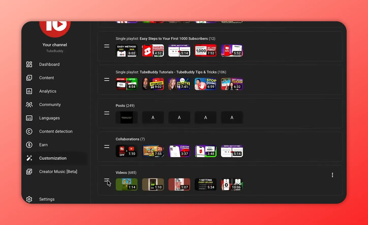 YouTube Studio customization page showing channel sections with the Videos row and left navigation
