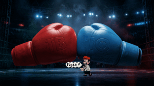 TubeBuddy vs. VidIQ: Two boxing gloves hitting each other. Left: TubeBuddy in red with "TB" embossed. Right: VidIQ in blue with "IQ" embossed. Background is a boxing ring.