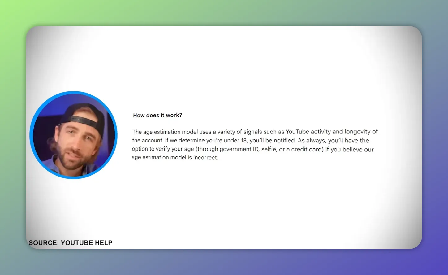 YouTube Help slide describing how the age estimation model works and age verification options