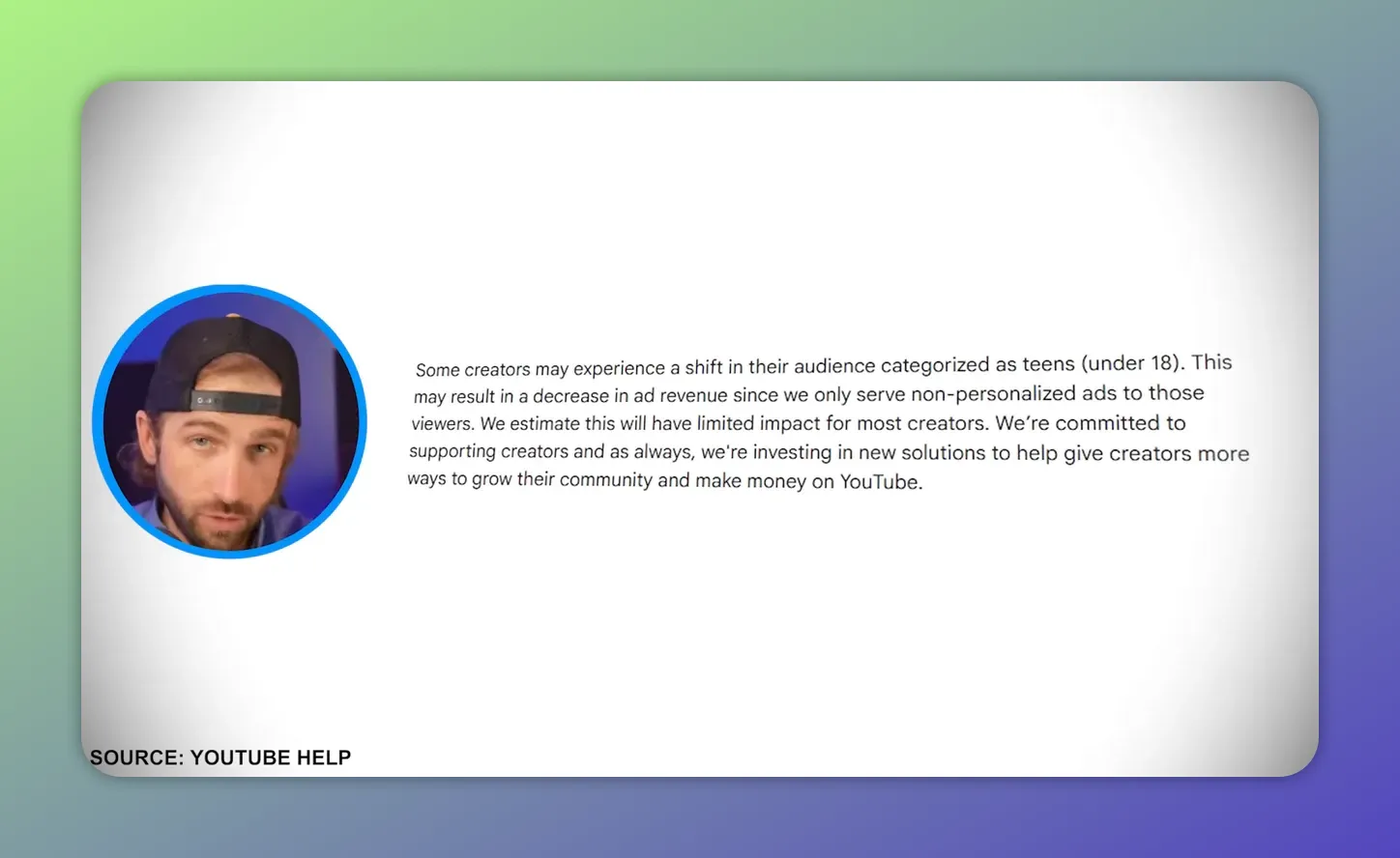 Screenshot text from YouTube help about teen classification and ad revenue impact