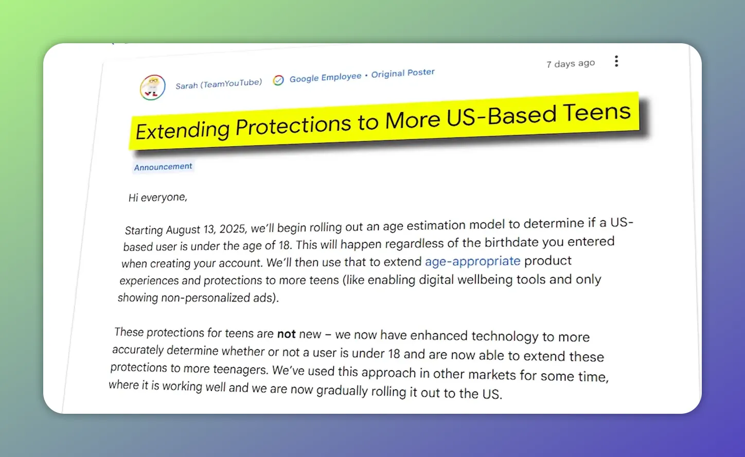 YouTube age estimation model announcement: extending protections to more US-based teens