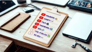 A YouTube video checklist on a clipboard with validate, script, film, thumbnail, and SEO checked off, and pre-publish and review still to complete.