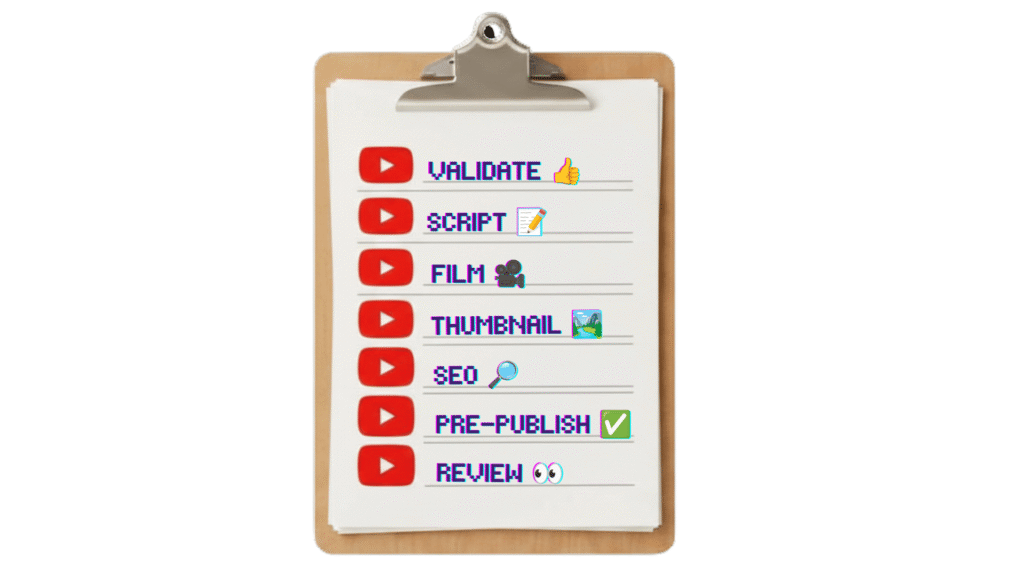 A YouTube video checklist on a clipboard with items: validate, script, film, thumbnail, SEO, pre-publish, and review.