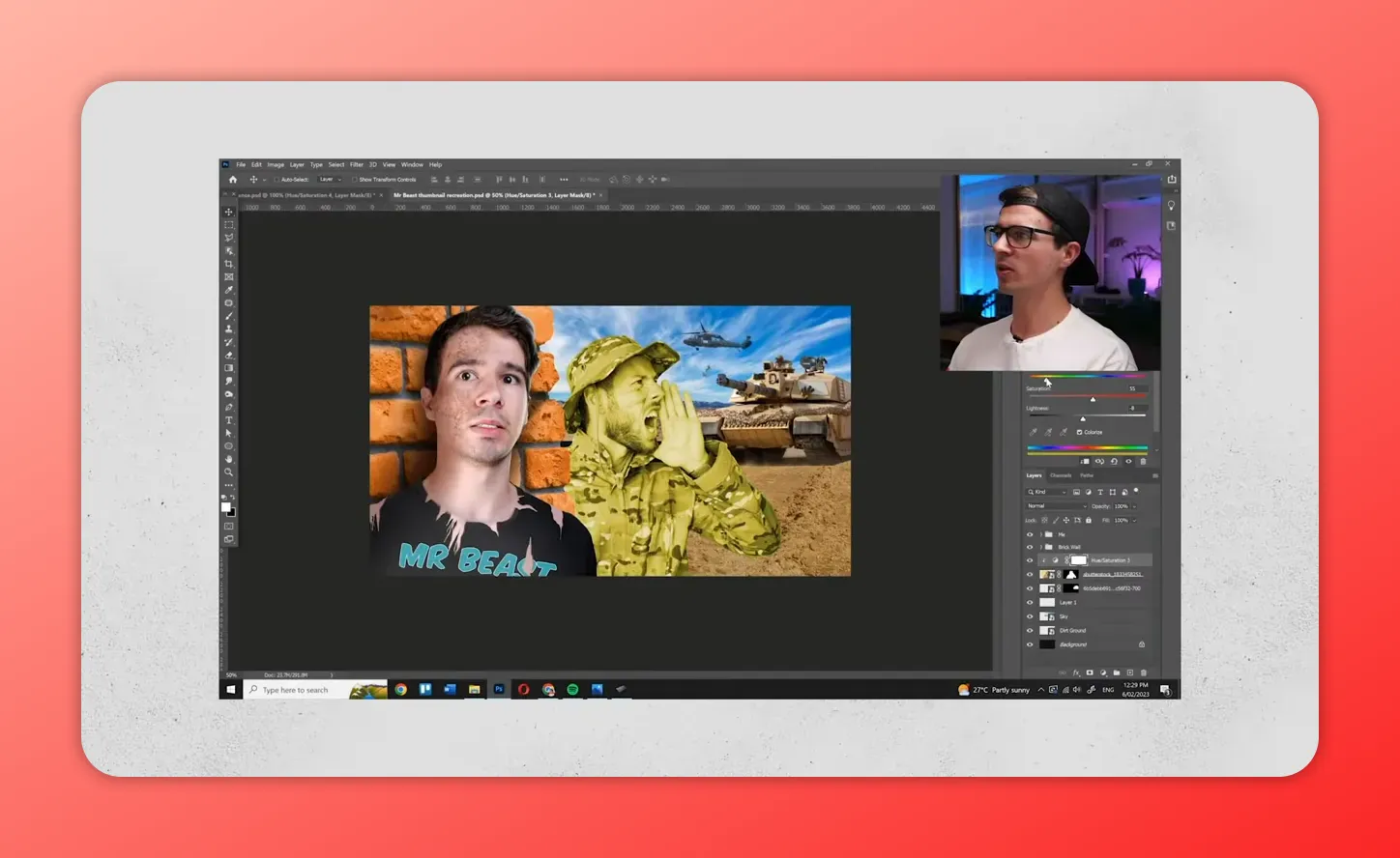 Screenshot of graphic design software editing a YouTube thumbnail with layers, color adjustments, and preview