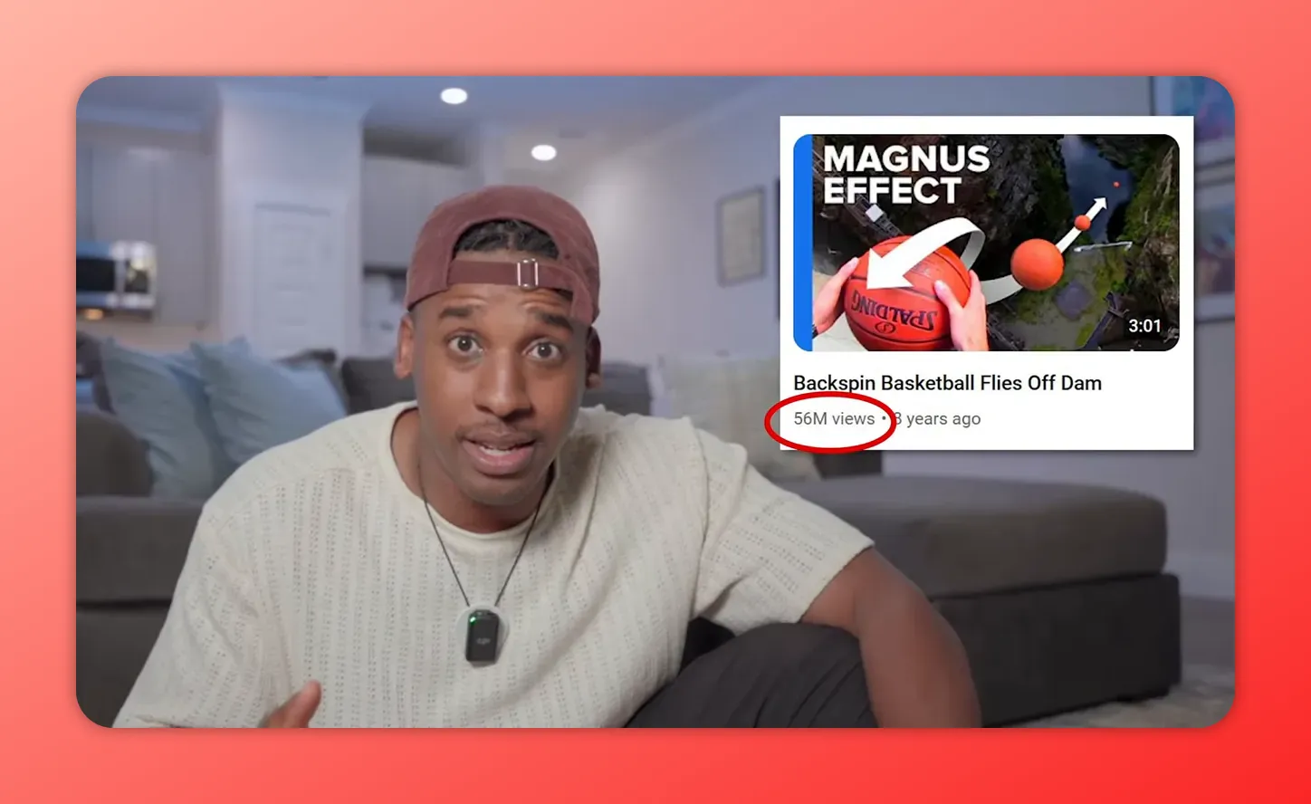 Screenshot of a video card titled “Backspin Basketball Flies Off Dam” with view count to show improved framing after a title change