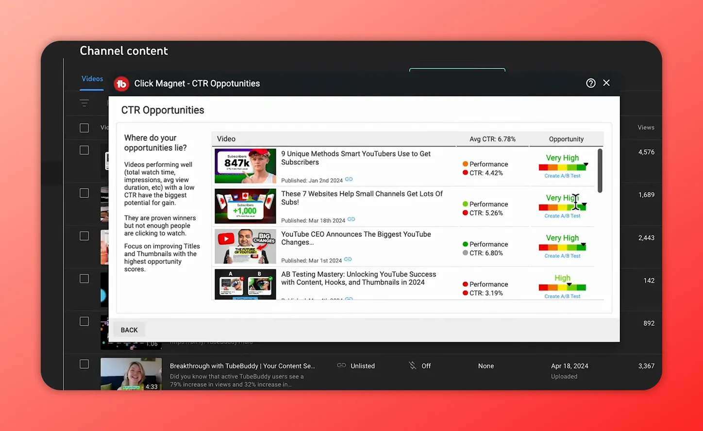 CTR Opportunities table in TubeBuddy showing video list, CTR metrics, and buttons to create A/B tests