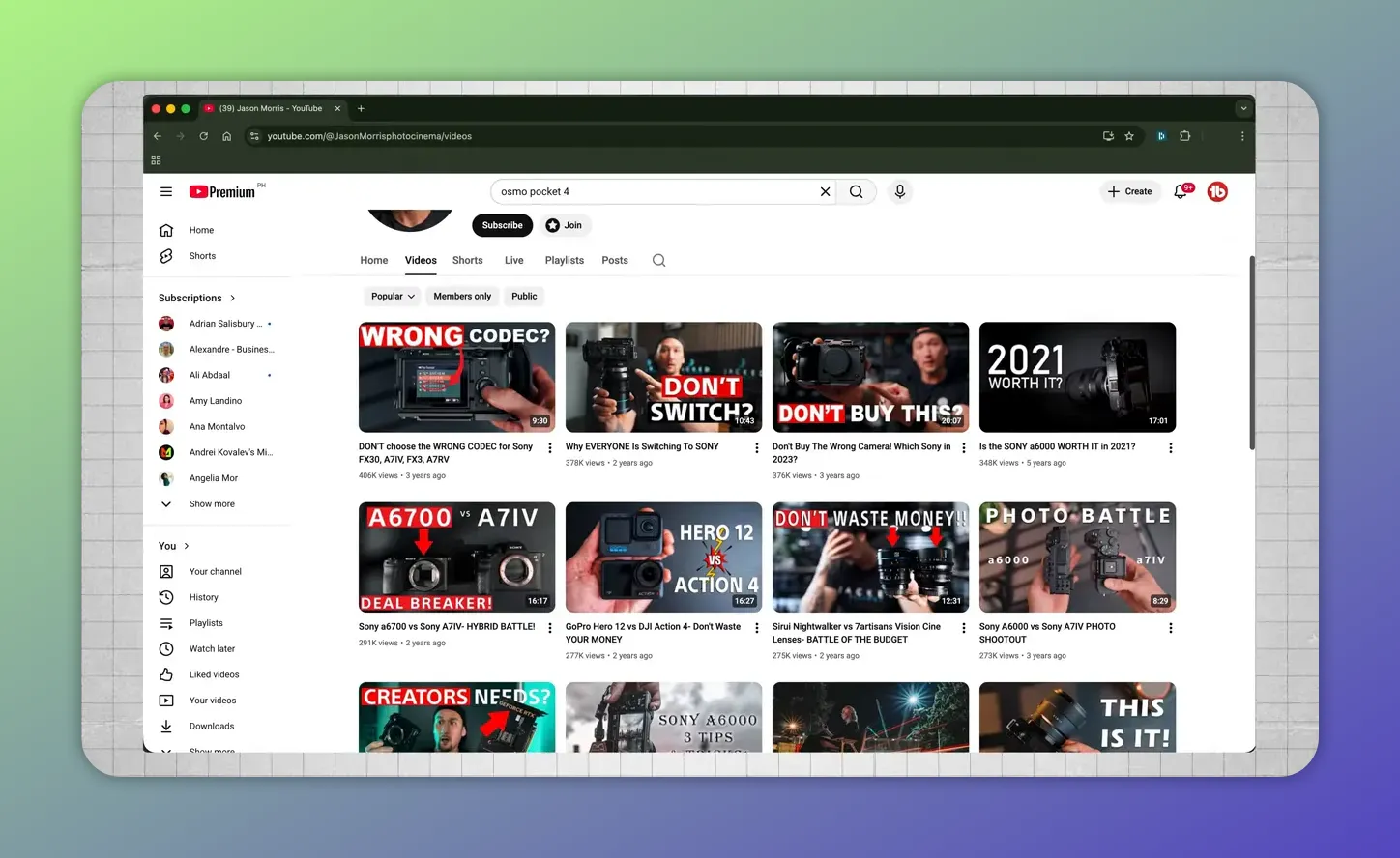 YouTube videos grid on a competitor channel showing popular sorting to analyze top uploads for best time to post.