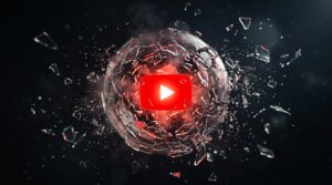 Shattered glass sphere revealing a glowing YouTube play button at its core — visualizing the truth behind YouTube algorithm myths