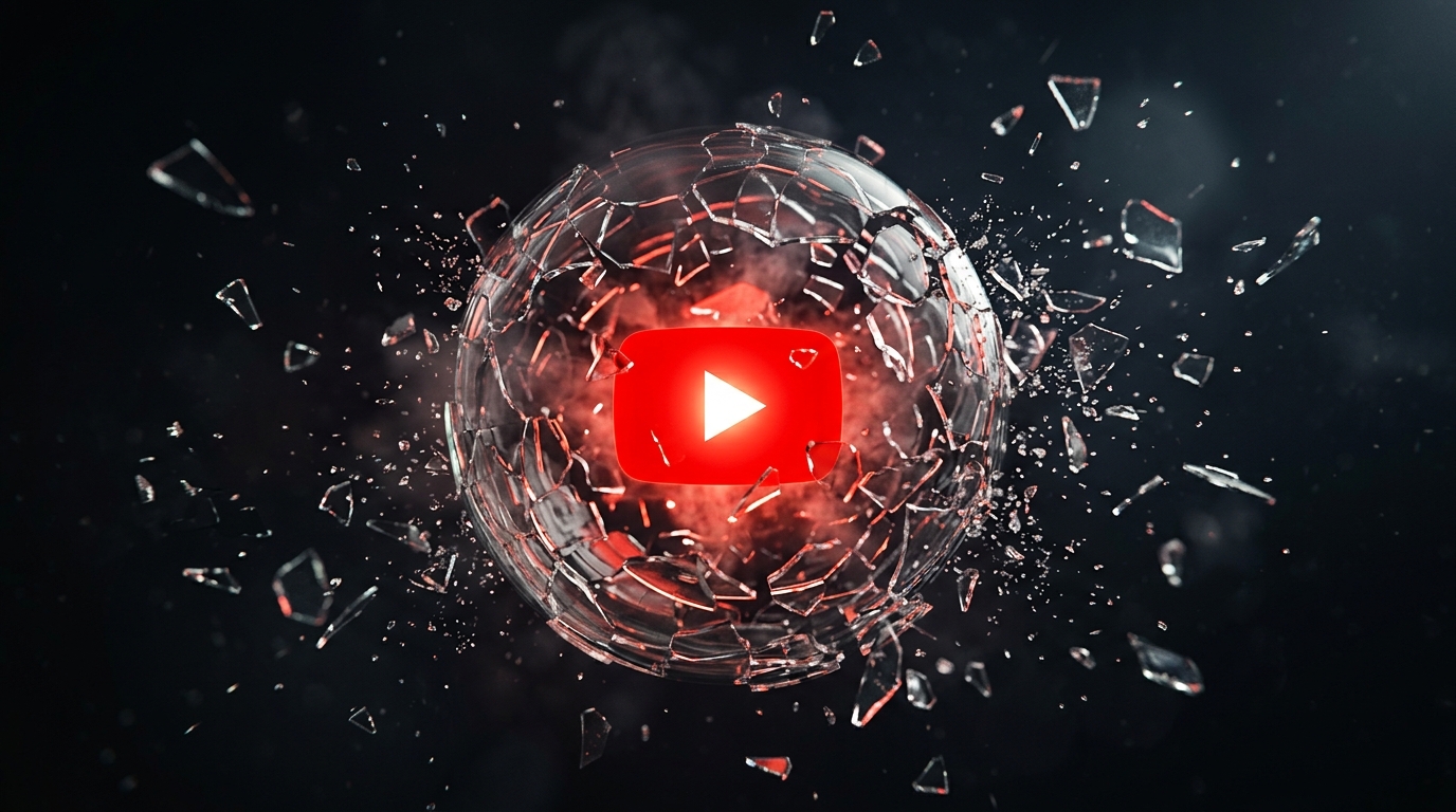 Shattered glass sphere revealing a glowing YouTube play button at its core — visualizing the truth behind YouTube algorithm myths