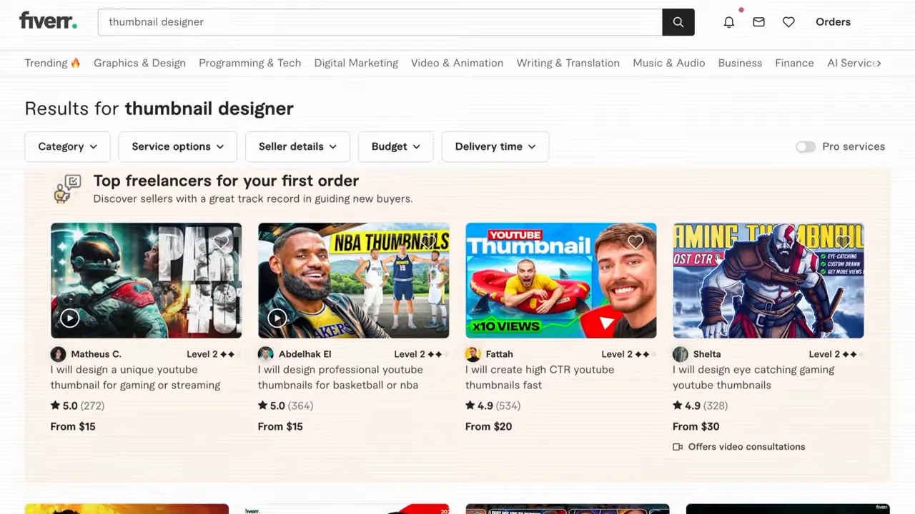 Fiverr search results page for thumbnail designer