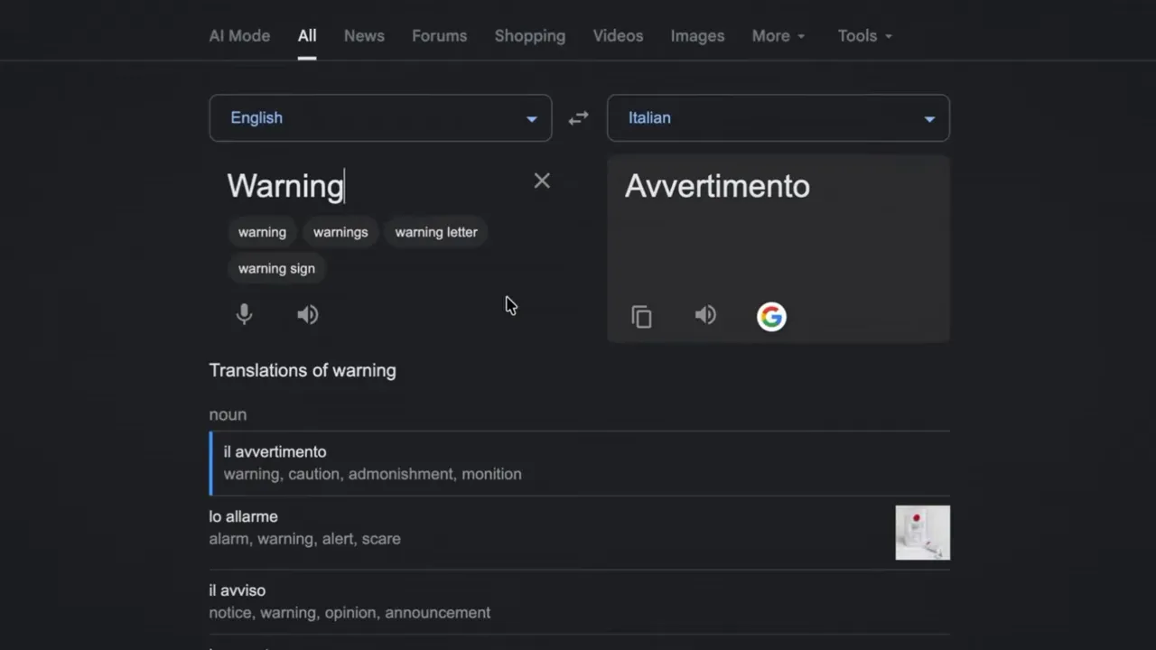 Google Translate screen showing Warning translated to Avvertimento