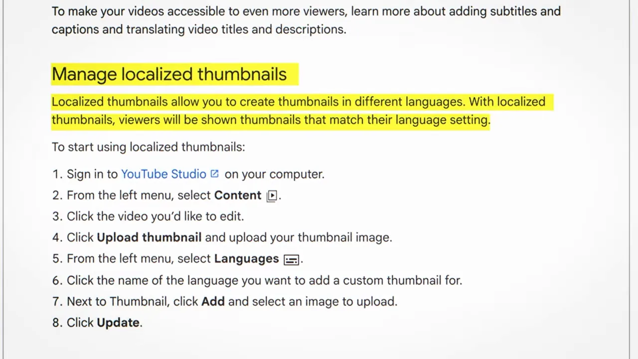 Help page section titled Manage localized thumbnails with highlighted text about different language thumbnails