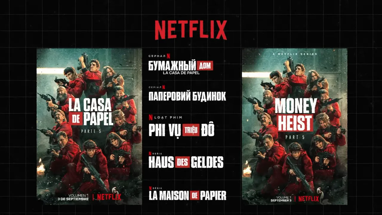 Netflix graphic showing La Casa de Papel poster on the left and Money Heist poster on the right
