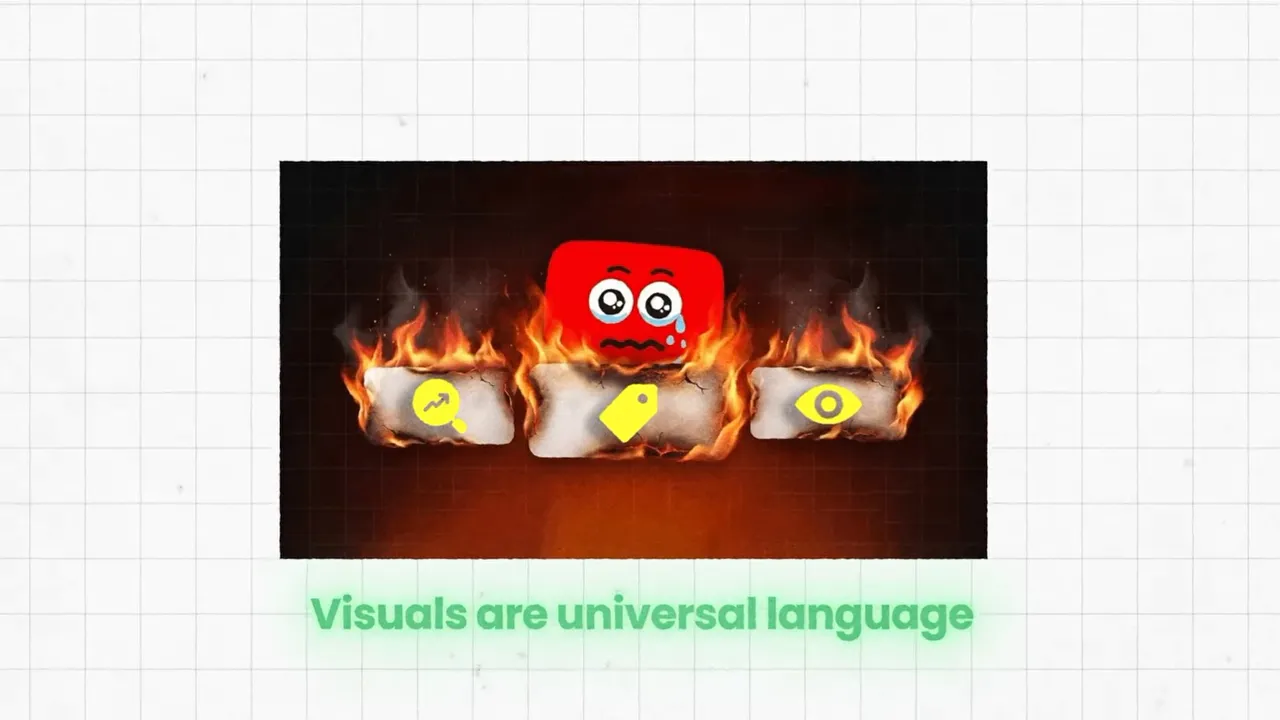 Graphic of a thumbnail with icons in flames and green text reading Visuals are universal language