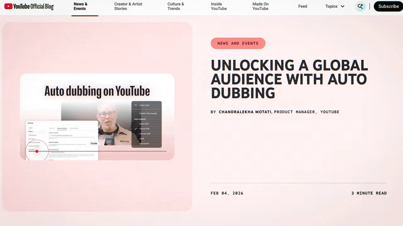 YouTube blog page with article title Unlocking a global audience with auto dubbing