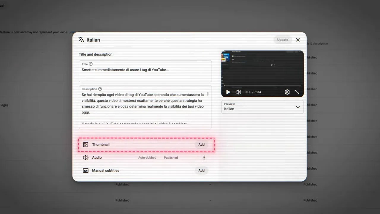 YouTube Studio language settings window with thumbnail localization options highlighted