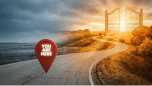 A winding road leads from a cold, overcast starting point — marked by a bold red "You Are Here" location pin — toward ornate golden gates glowing in warm sunlight at the horizon. A visual metaphor for the journey of how many videos it takes to get 1,000 subscribers on YouTube: the destination is real, but you have to travel the road to reach it.