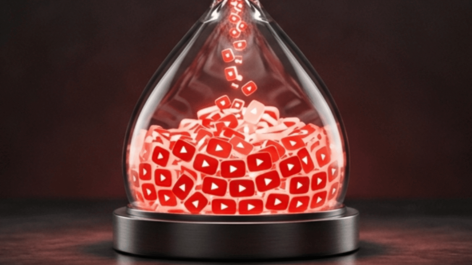 The bottom half of An hourglass filled with YouTube play button icons falling from the top to suggest YouTube watch time