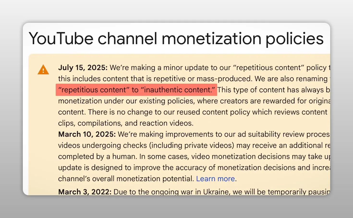 YouTube channel monetization policies page highlighting repetitive content renamed to inauthentic content