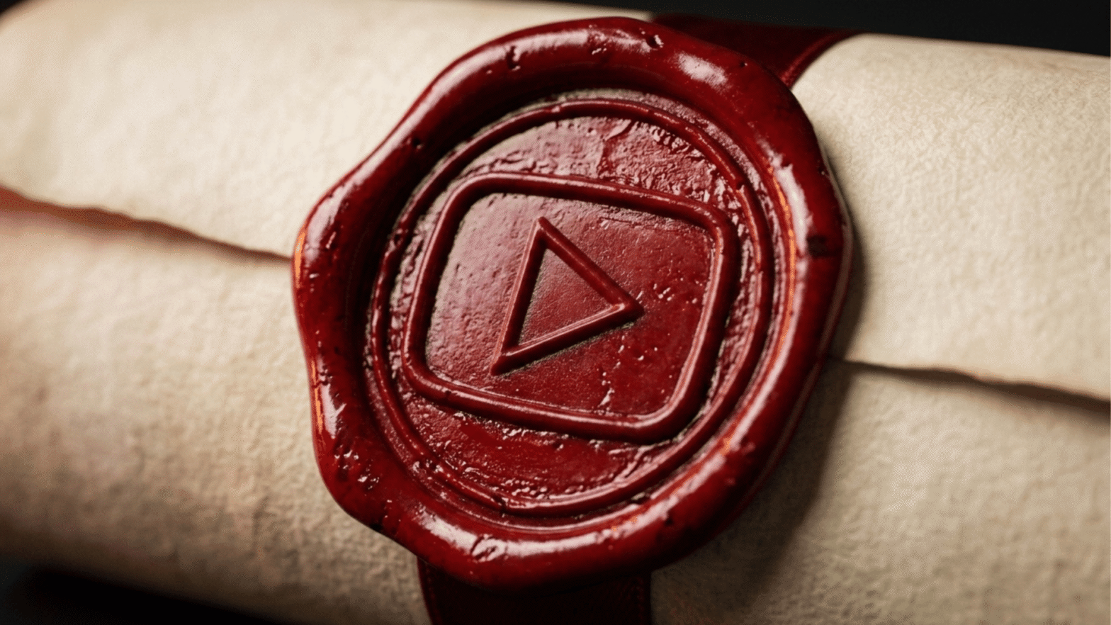 A red wax seal embossed with the YouTube logo sealing an old parchment scroll. Intended to evoke the idea of YouTube terms of service for creators.