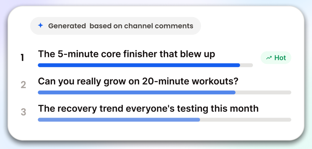 Stylized screenshot of Next Video Ideas UX accompany a blog post on how to find YouTube video ideas. Shows three ideas for a personal fitness channel with partially filled blue bars below each idea to suggest how strong the idea is.
