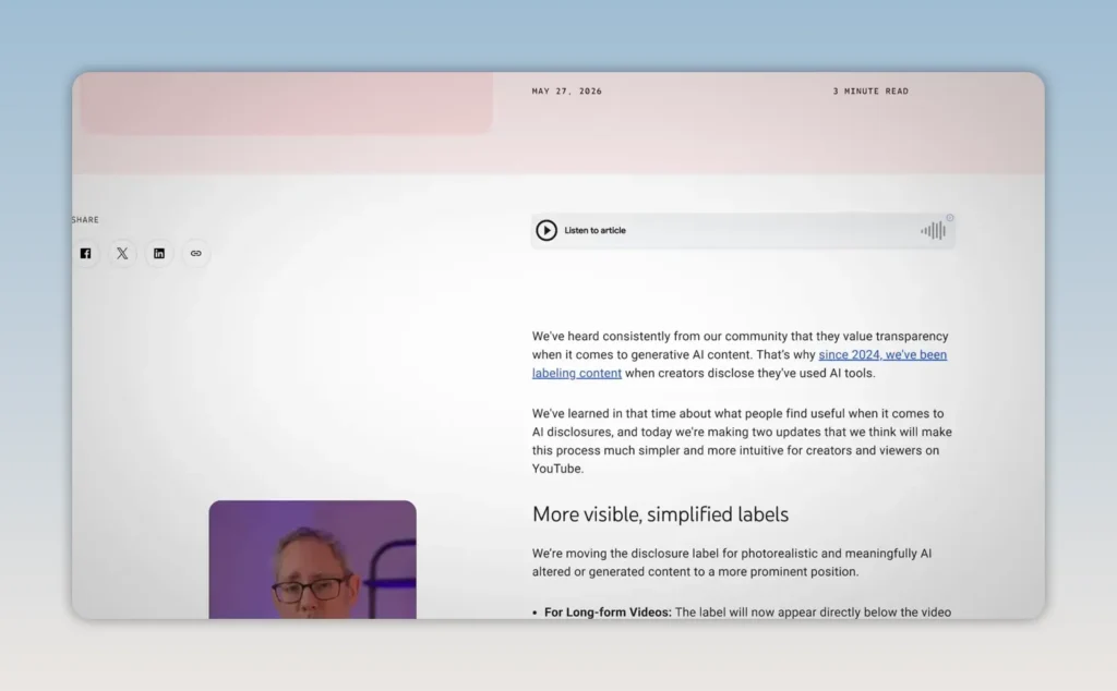 YouTube Help page showing an update about more visible simplified labels