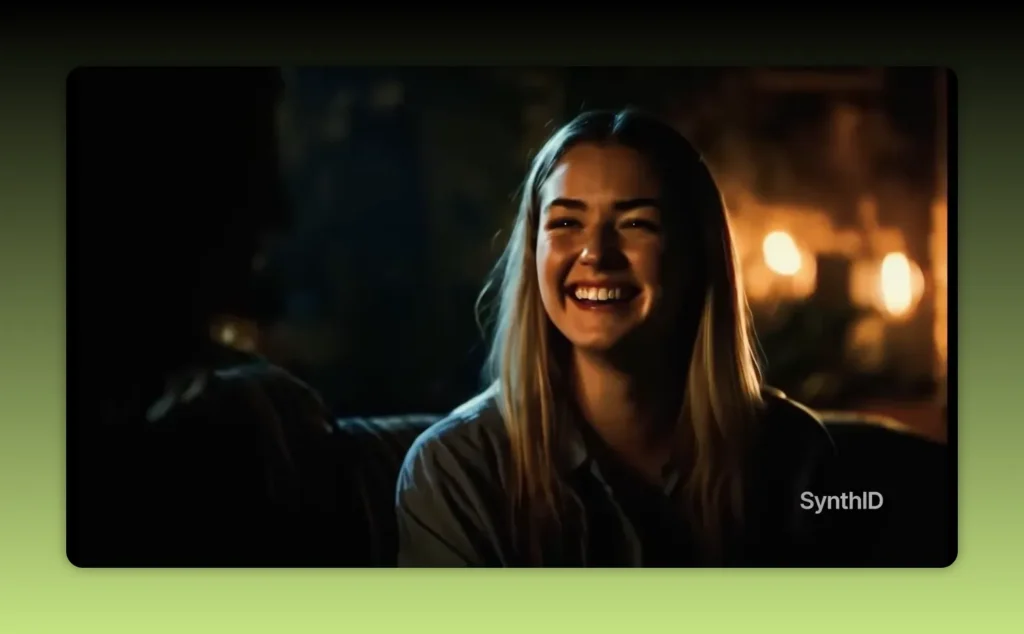 Video frame featuring a woman smiling with the word SynthID visible on screen