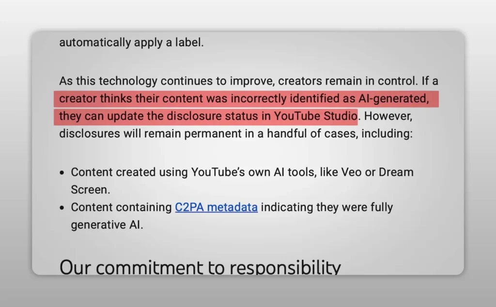 Highlighted YouTube Help text explaining that creators can update disclosure status in YouTube Studio