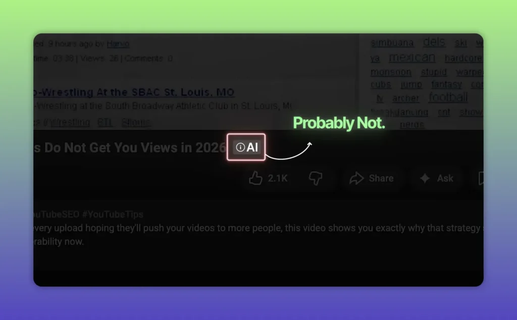 On-screen text asking if the AI label hurts money followed by the words Probably Not