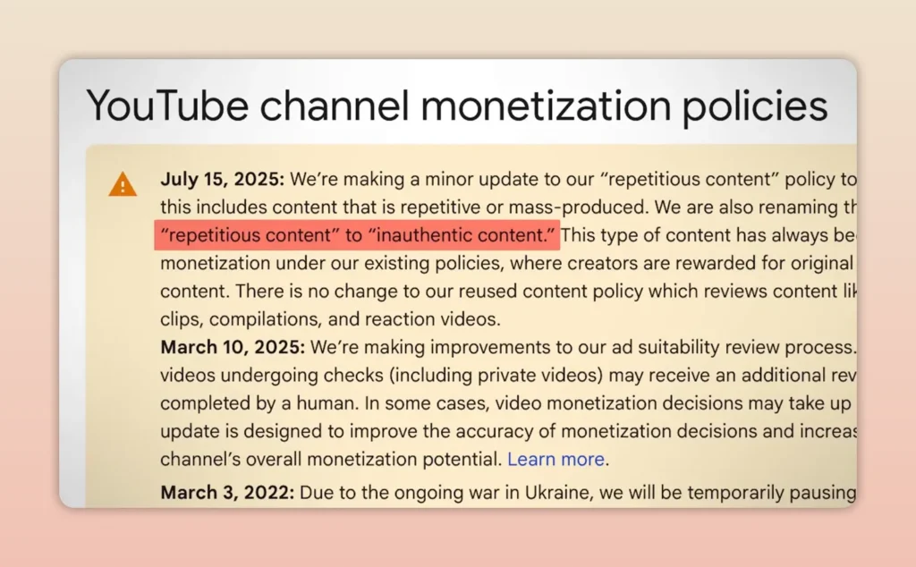 YouTube channel monetization policies page with text about repetitive or mass-produced content highlighted