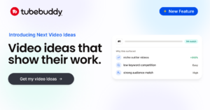 A TubeBuddy interface showing a ranked list of YouTube video ideas — including a trending fitness topic flagged as "Hot" and text that reads: Video ideas that show their work