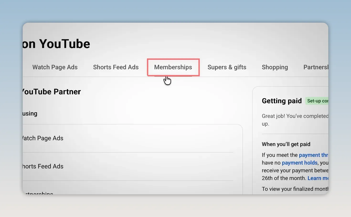 YouTube Studio Earn page with Memberships tab highlighted